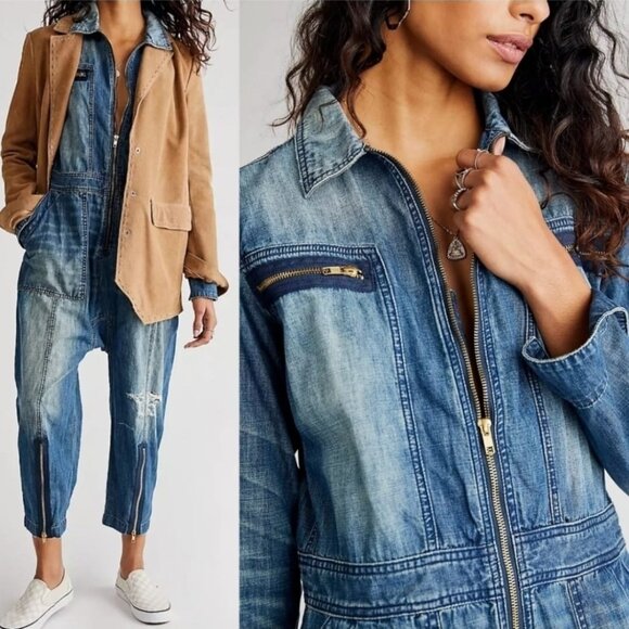 Free People x Sandrine Rose Deep Zip Denim Slouchy Jumpsuit Size Med - Picture 2 of 15